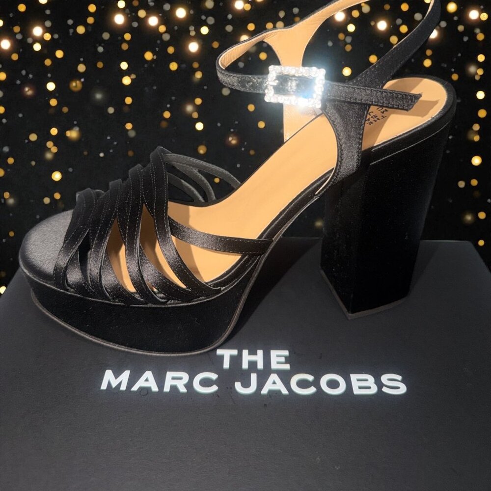 Marc Jacobs The Gram Sandal Women 8.5 Black Satin Formal Heel Platform Prom Open - Picture 12 of 12